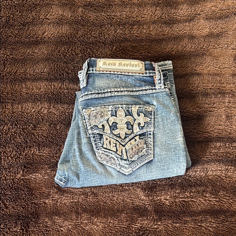 Rock Revival Blue Boot Cut Jeans with Ornate Embroidery